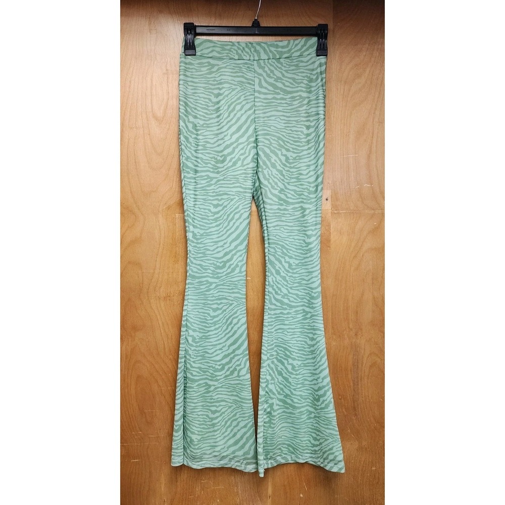 NWT Bailey Rose Pants Size Medium Flare Leg Elastic Waist Lime Green Zebra Print